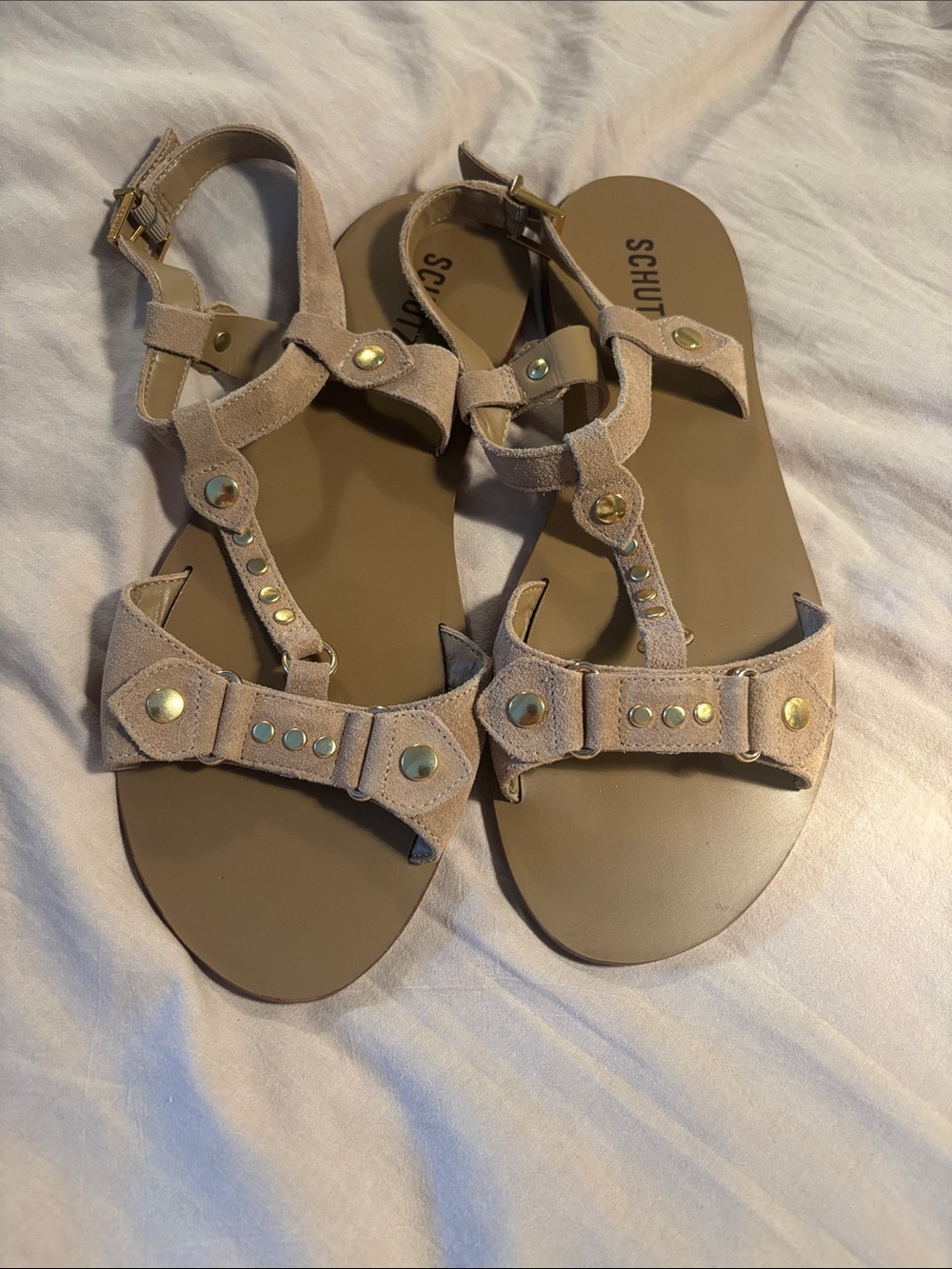SCHUTZ Stevie Tan Suede Studded T-Strap Sandals